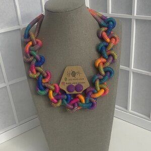 Handmade Brazil Multi-color Fiber Necklace  with Silver Clasp and Earrings